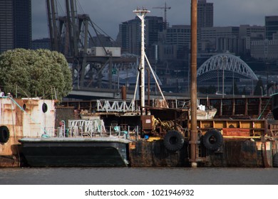 Seattle Skyline And Industrial Shipping Port On The Duwamish River