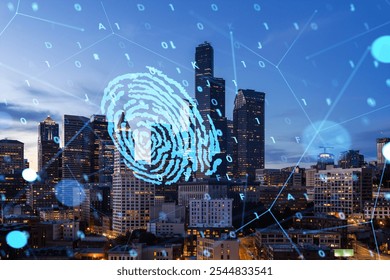 The Seattle skyline is overlaid with a digital fingerprint and binary code, symbolizing technology and cybersecurity in an urban environment - Powered by Shutterstock