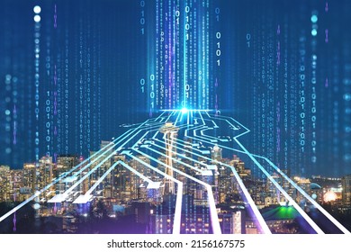 Seattle skyline panorama from Kerry Park. Skyscrapers of financial downtown at night, Washington, USA. Artificial Intelligence concept, hologram. AI, machine learning, neural network, robotics