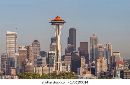 Seattle skyline panorama at sunset Washington state.