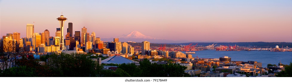 Seattle Skyline With Space Needle And Mt. Rainier