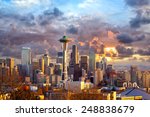 Seattle skyline at sunset, WA, USA