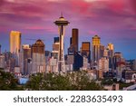 Seattle Space Needle at evening. Amazing sunset, red sky, pink clouds 