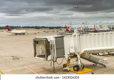 SEATTLE TACOMA AIRPORT, WA, USA - JUNE 2018: Empty Jet Bridge At Seattle Tacoma Airport