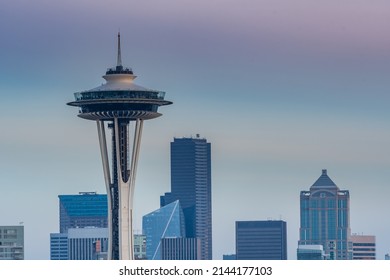 Seattle, United States: October, 2018: Seattle Space Needle Close Up At Sunset