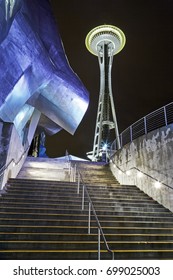 Seattle USA - 13TH SEPTEMBER 2013; Looking Up At The Iconic Seattle Space Needle Observation Tower In Seattle With Museum Of Pop Culture Illuminated At Night