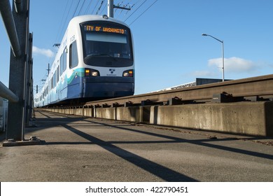 Seattle, USA April 09 2016 - Northbound Sound Transit Link Lightrail Train Approaching SODO Station From Its Origin At SeaTac Airport