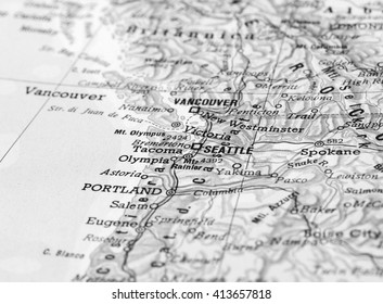 SEATTLE, USA - CIRCA APRIL 2016: Detail of a map of the city with selective focus on town name in black and white