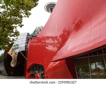 Seattle USA - July 23 2008; Bright Red Ultra-modern Frank Gehry Design Building. Facade