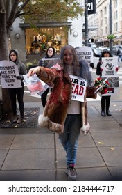 Seattle, WA - 11 04 2017: Anti Fur Animal Rights Women Activists Giving Out Pamphlets And Posters At A Demonstration Protest Rally. Wearing Faux Fur Coat With Red Blood Paint, Meaning Fur Is Murder. 