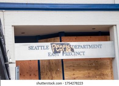 Seattle, WA - 11 June 2020 Protest In Capital Hill Neighborhood. Capitol Hill Autonomous Zone. Seattle Police Department East Precinct Sing Is Changed In Seattle People Department East Precinct. 