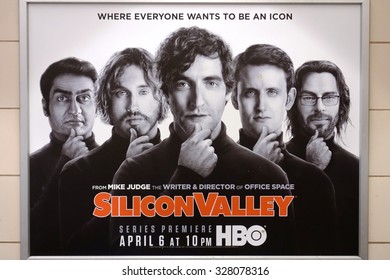 SEATTLE, WA -25 APRIL 2014- Billboard Poster Showing Steve Jobs Look-alikes Advertising The Show Silicon Valley, An American Television Comedy Series On HBO Focusing On The Creation Of A Start-up.