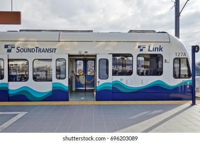 SEATTLE, WA -25 FEB 2017- A Sound Transit Link Light Rail Tram Car In Downtown Seattle. 