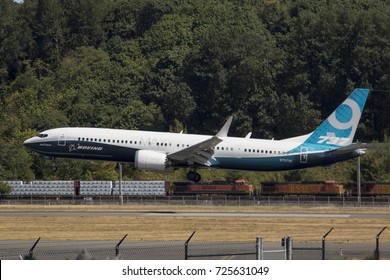 Seattle, WA Aug 25, 2017 - A Boeing 737-9 MAX Lands At Boeing Field
