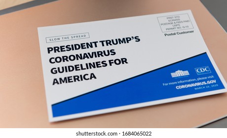 Seattle, WA - March 26, 2020: Post Card Sent Out To Residents Of United States From White House And CDC With Guidelines About Coronavirus Pandemic. Link To Official Website.