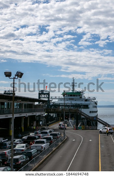 Seattle, WA - September 1\
2013: Cars line up at the Washington State ferry terminal in\
downtown Seattle.