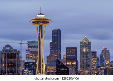 SEATTLE, WA - SUMMER 2015 - A Telephoto Close Up Detail Shot On The Iconic Space Needle Illuminated During A Cloudy Blue Hour Long Exposure