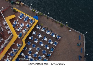 Seattle, WA / United States - April 21 2019: Empty Restaurant Patio, View From The Seattle Great Wheel