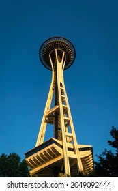 Seattle, WA, US - July 5, 2021: View Of The Iconic Seattle Space Needle Isolated At Golden Hour Against Bright Blue Sky.