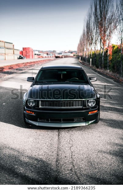 Seattle, WA, USA\
August 11,\
2022\
Green Ford Mustang parked with trees on the right of the\
car