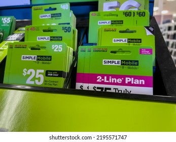 Seattle, WA USA - Circa August 2022: Angled, Selective Focus On Wireless Phone Carrier Service Cards For Sale Inside A Target Store.