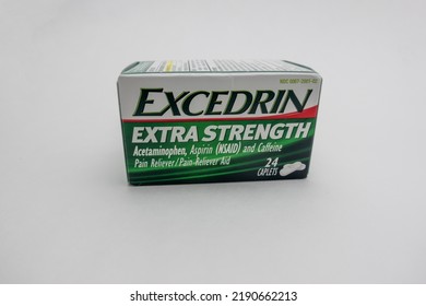 Seattle, WA USA - Circa July 2022: Close Up, Selective Focus On Excedrin Migraine Relief Medication On A White Background.