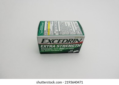 Seattle, WA USA - Circa July 2022: Close Up, Selective Focus On Excedrin Migraine Relief Medication On A White Background