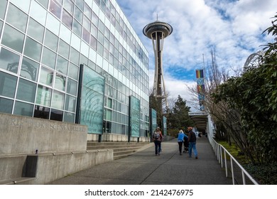 Seattle, WA USA - Circa March 2022: Street View Of A Group Of People Walking Toward The Space Needle In The Downtown Area.