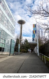 Seattle, WA USA - Circa March 2022: Street View Of A Group Of People Walking Toward The Space Needle In The Downtown Area.