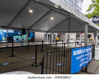 Seattle, WA USA - Circa May 2021: View Of A Empty Line Area Before Covid 19 Vaccines Are Given Out For The Day At Lumen Field.