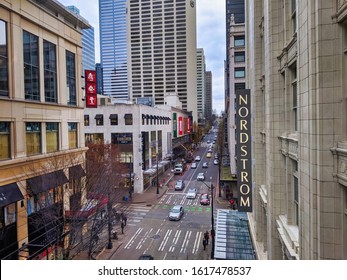 Seattle, WA / USA - Circa November 2019: Aerial View Of Downtown Shopping On 6th Avenue In Seattle, Featuring Forever 21, Nordstrom, Fidelity, BECU, Mario's, And Others.