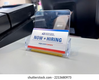 Seattle, WA USA - Circa September 2022: Close Up View Of A Now Hiring Card Inside A United States Postal Service Building.