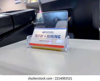 Seattle, WA USA - Circa September 2022: Close Up View Of A Now Hiring Card Inside A United States Postal Service Building.