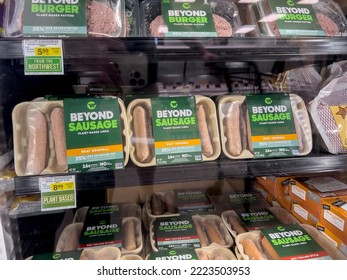 Seattle, WA USA - Circa September 2022: Close Up View Of Beyond Plant Based Sausage Products For Sale In The Freezer Aisle.