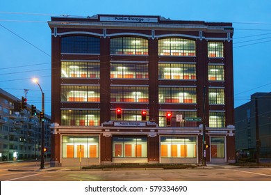 Seattle, WA, USA Feb. 5, 2017: Old Building Converted To Public Storage Facility In Downtown Seattle, WA. Urban Reuse.