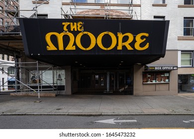 Seattle, WA/ USA- February 14 2020: Exterior Photo Of Seattle, Historic Music Venue, The Moore. Icon Music Scene