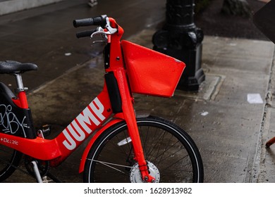 Seattle, WA/ USA January 28 2020: Uber Ride Share Bike JUMP In The Rain