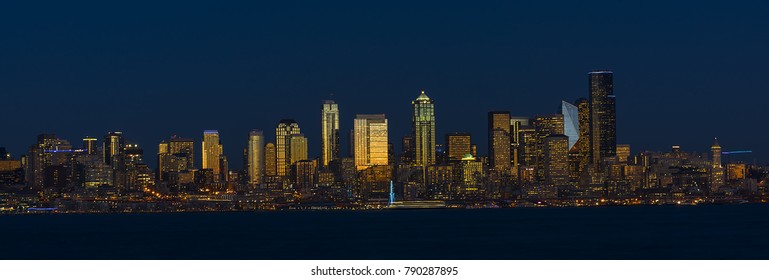 Seattle, WA USA - January 3, 2018. Seattle Skyline As Seen From Alki Beach At Night.