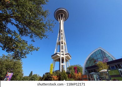 Seattle, WA, USA - July 21, 2012: The Chihuly Glass Art Museum And The Space Needle Are Favorite Tourist Attractions In The Seattle Centre