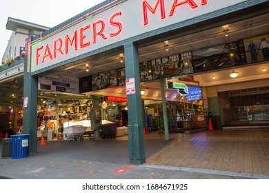 Seattle, WA, USA - July 31 2018 - Empty Pike Place Market Exterior. Empty Public Market Story.