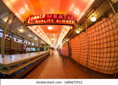 Seattle, WA, USA - July 31 2018 - Empty Pike Place Market Interior Near Loback Meat Stall. Empty Public Market Story.