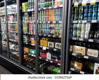 Seattle, WA / USA - June 29st, 2019: Beer And Liquor Fridge Display Inside A Whole Foods Grocery Store.
