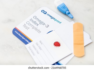 Seattle, WA USA - June 5, 2022: Dried Blood Spot Collection Test Kit For Omega-3 Index.