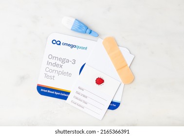 Seattle, WA USA - June 5, 2022: Dried Blood Spot Collection Test Kit For Omega-3 Index.