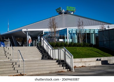 SEATTLE, WA, U.S.A. - OCT. 31, 2021: Photo of the exterior of the multi-purpose, zero carbon Climate Change Arena, located in the Seattle Center entertainment complex in downtown.  