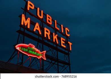 Seattle, WA, USA October 23 The Neon Sign Of The Public Market In Seattle Washington Welcomes Visitors From Around The World.  The Market Is Renown For Fresh Produce, Small Cafes And Flying Fish