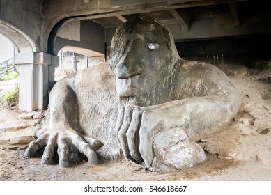 Seattle WA, USA - October 29 2016: Fremont Troll Sculpture Under The Bridge