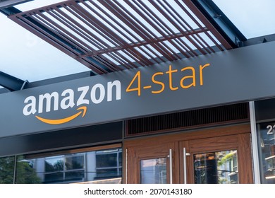 Seattle, WA - USA - Sept. 24, 2021: Horizontal View Of The Amazon 4-star's Signage At It's Popular Brick And Mortar Retail Store In Seattle.