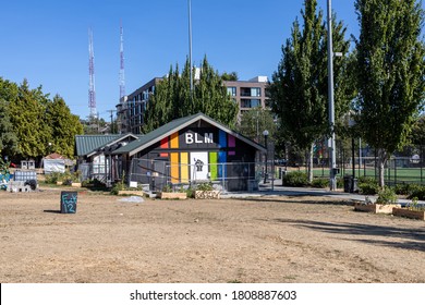 Seattle, WA/ USA- September 1 2020: Seattle Capitol Hill CHAZ CHOP Restoom On A Sunny Day Protest Cal Anderson Park