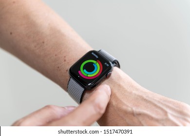 SEATTLE, WA / USA - September 27, 2019: Man Wearing Series 5 Apple Watch With Activity App Open